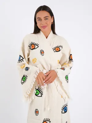 Peshtemal Natural with Multi Evil Eye Kimono/Robe
