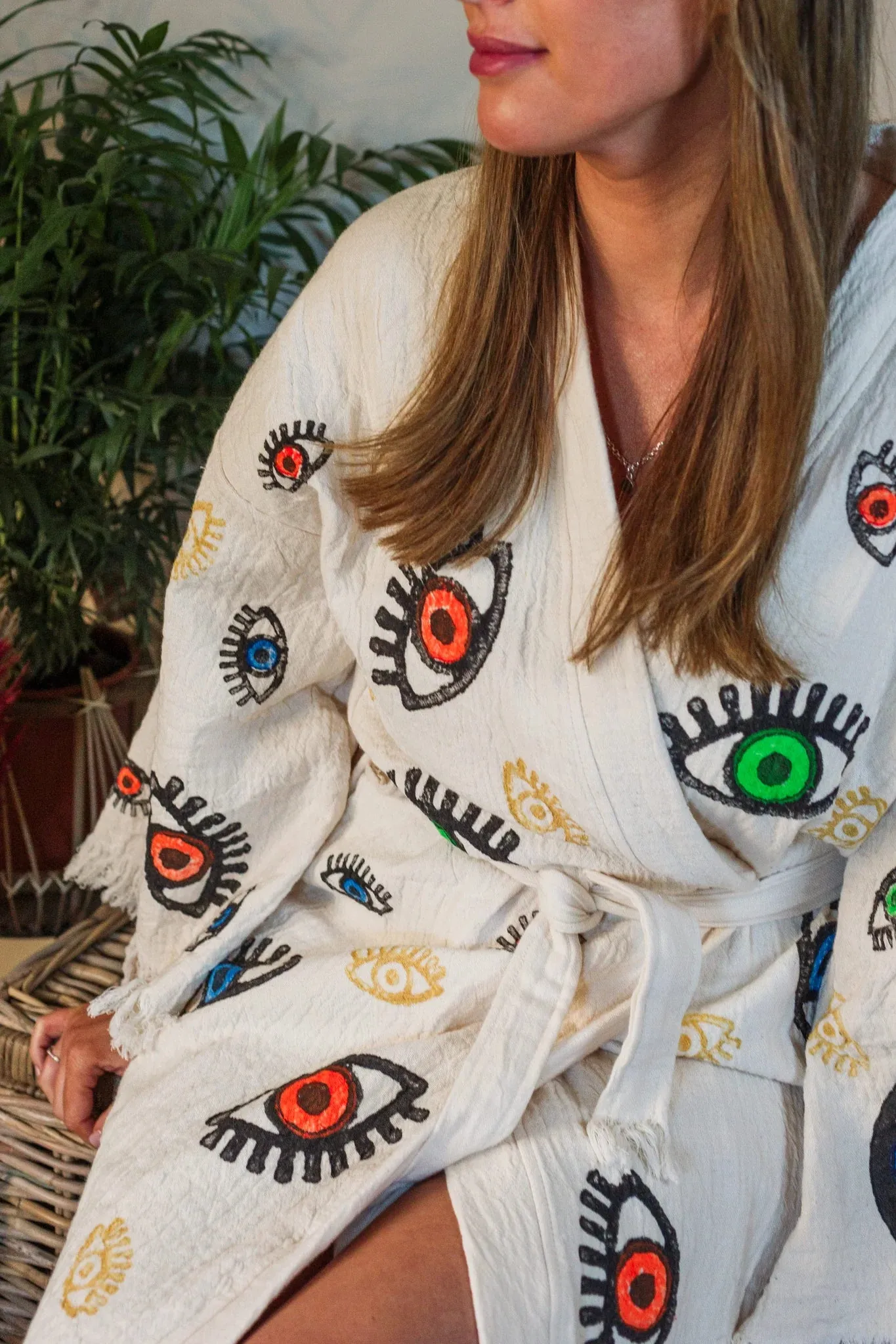 Peshtemal Natural with Multi Evil Eye Kimono/Robe