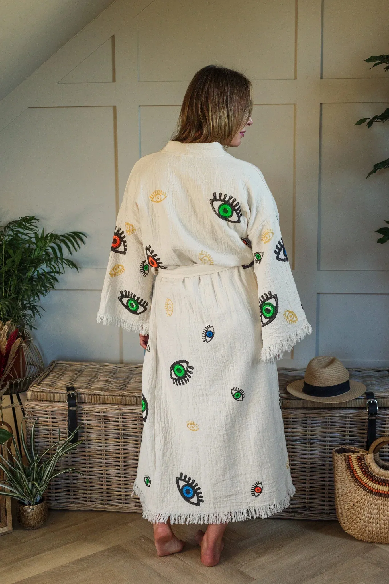 Peshtemal Natural with Multi Evil Eye Kimono/Robe
