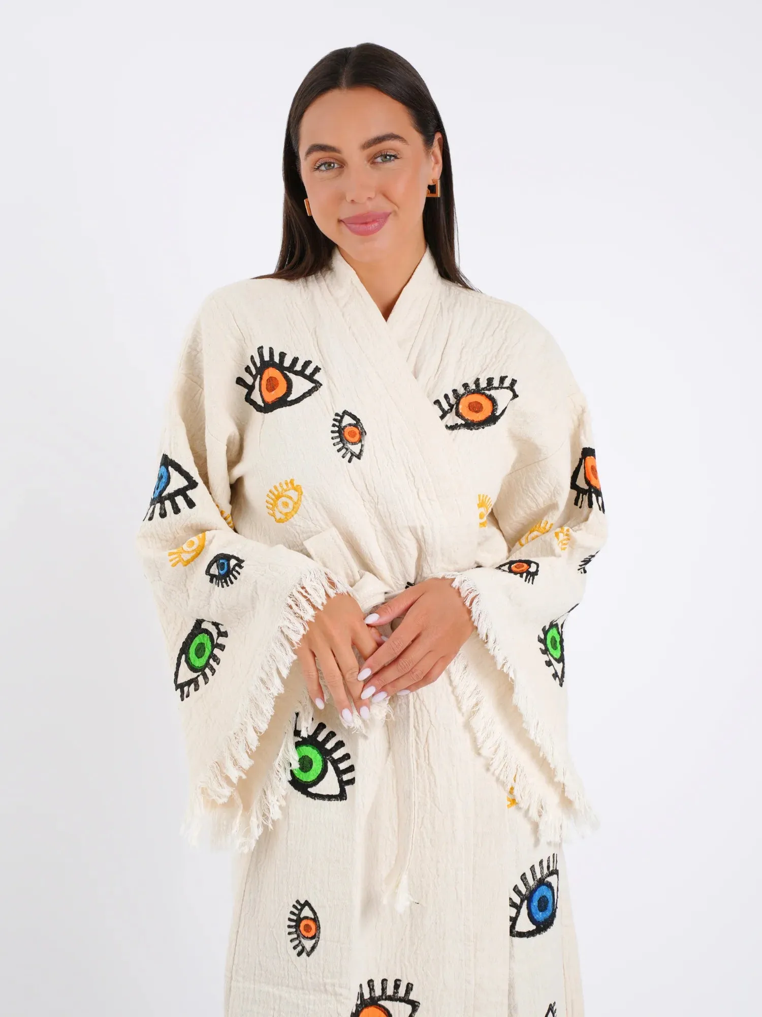Peshtemal Natural with Multi Evil Eye Kimono/Robe