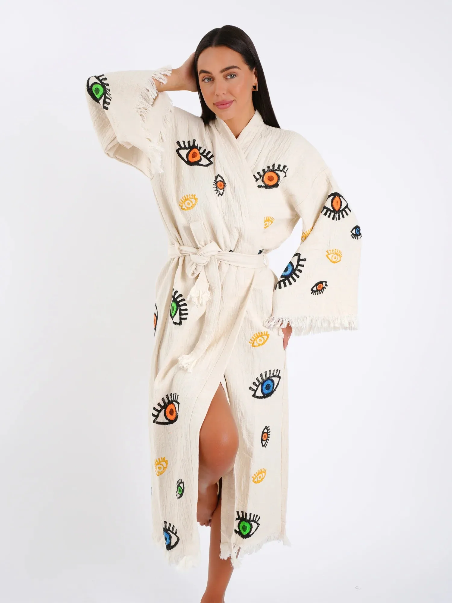 Peshtemal Natural with Multi Evil Eye Kimono/Robe