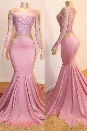 Pink Appliques Long Sleevess Prom Dresses New Arrival Gorgeous Mermaid Evening Gowns