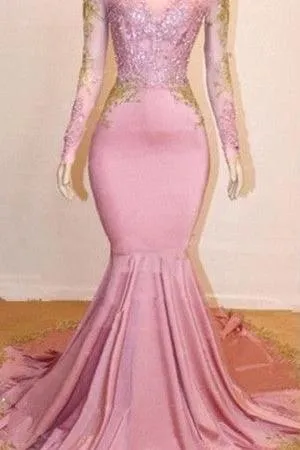 Pink Appliques Long Sleevess Prom Dresses New Arrival Gorgeous Mermaid Evening Gowns