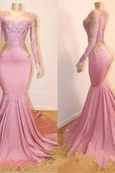 Pink Appliques Long Sleevess Prom Dresses New Arrival Gorgeous Mermaid Evening Gowns