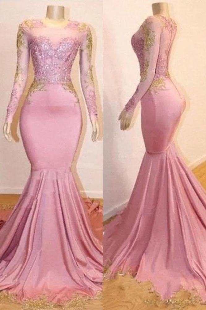 Pink Appliques Long Sleevess Prom Dresses New Arrival Gorgeous Mermaid Evening Gowns