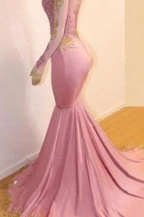 Pink Appliques Long Sleevess Prom Dresses New Arrival Gorgeous Mermaid Evening Gowns