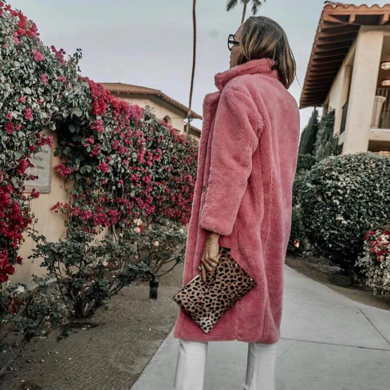 Pink Long Teddy Bear Jacket Coat Women Winter Thick Warm