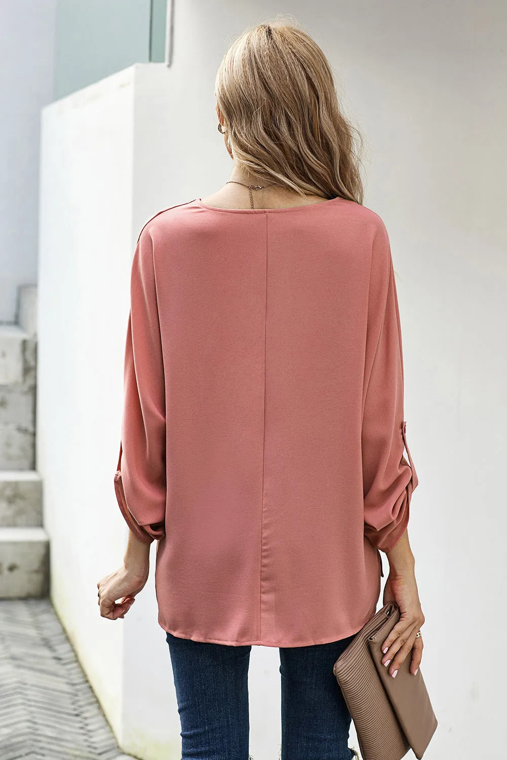 Pink V Neck 3/4 Sleeve High Low Hem Shirt