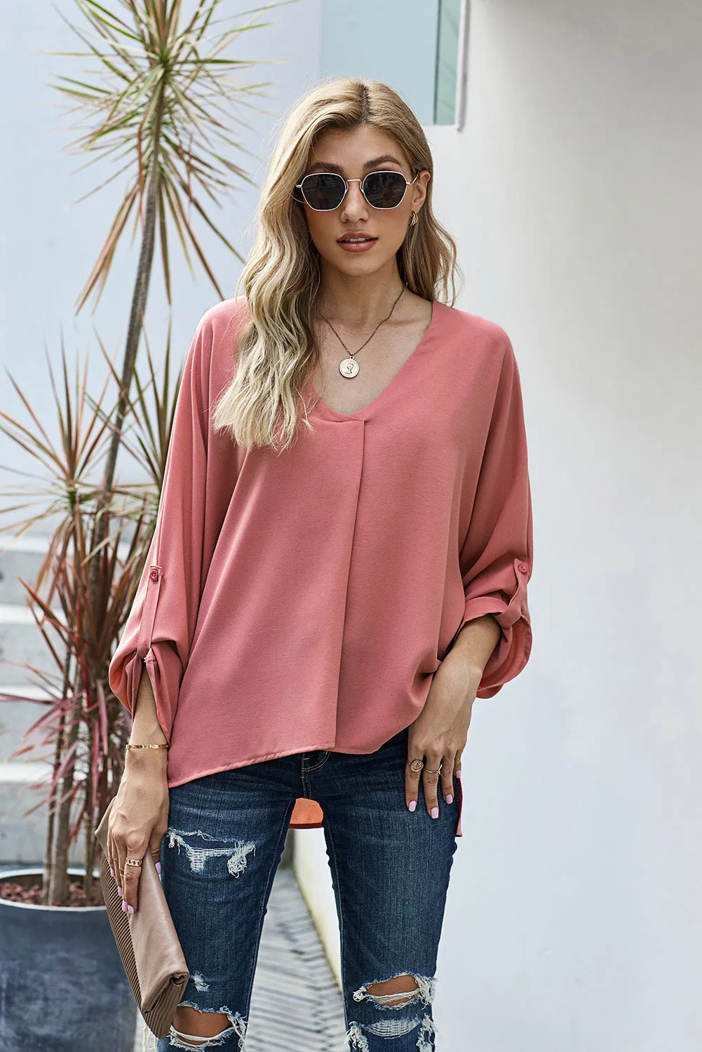 Pink V Neck 3/4 Sleeve High Low Hem Shirt