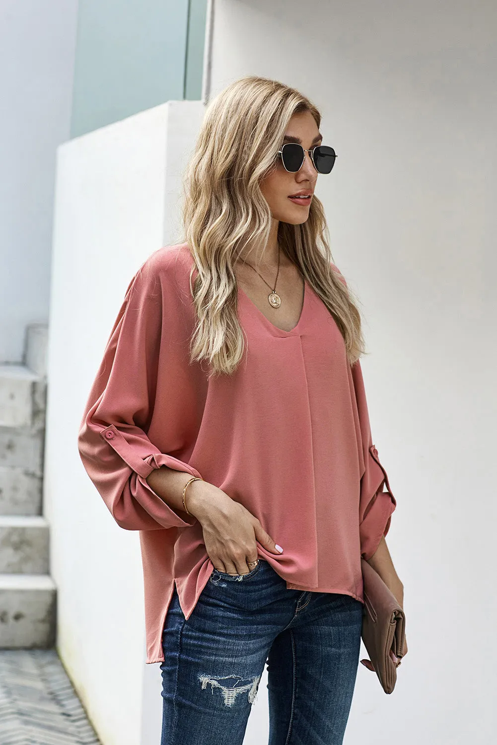 Pink V Neck 3/4 Sleeve High Low Hem Shirt