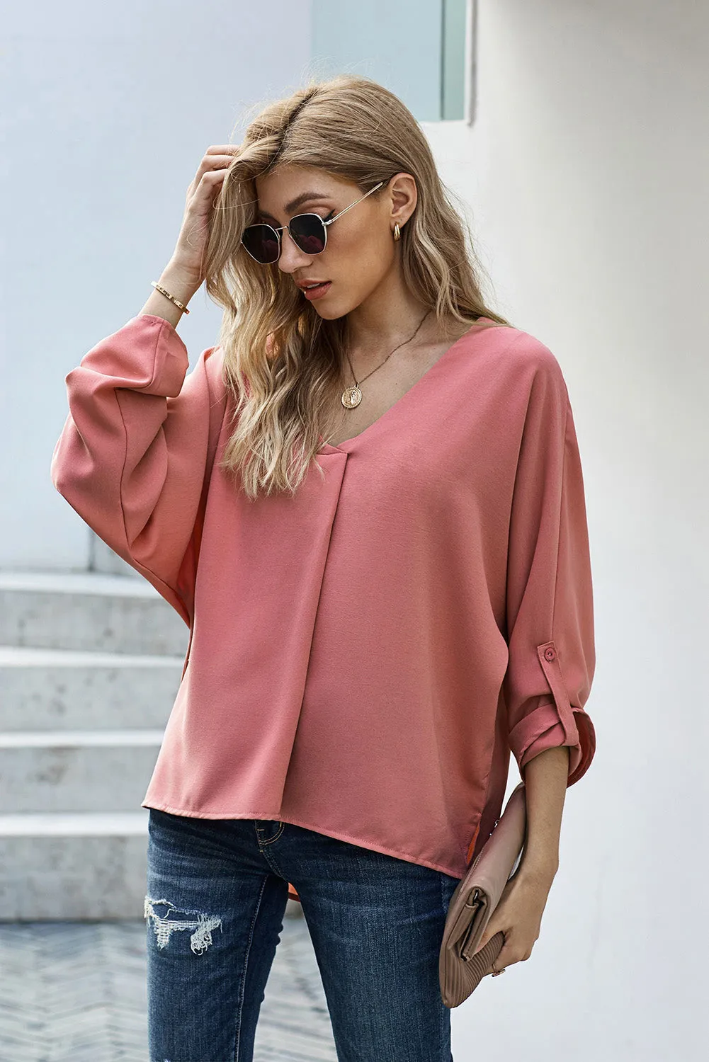 Pink V Neck 3/4 Sleeve High Low Hem Shirt