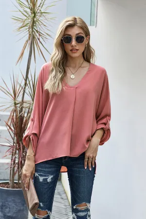 Pink V Neck 3/4 Sleeve High Low Hem Shirt