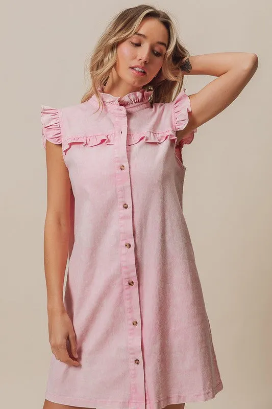 Pink Washed Button Down Ruffled Cap Sleeve Denim Dress