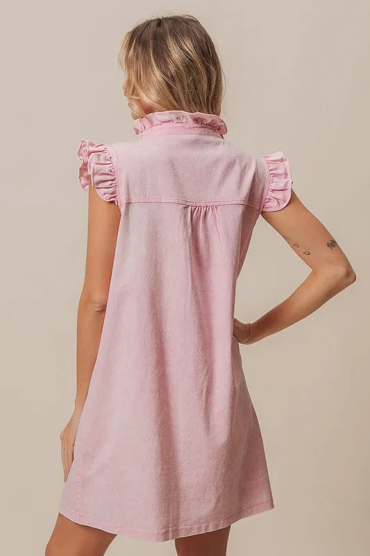 Pink Washed Button Down Ruffled Cap Sleeve Denim Dress