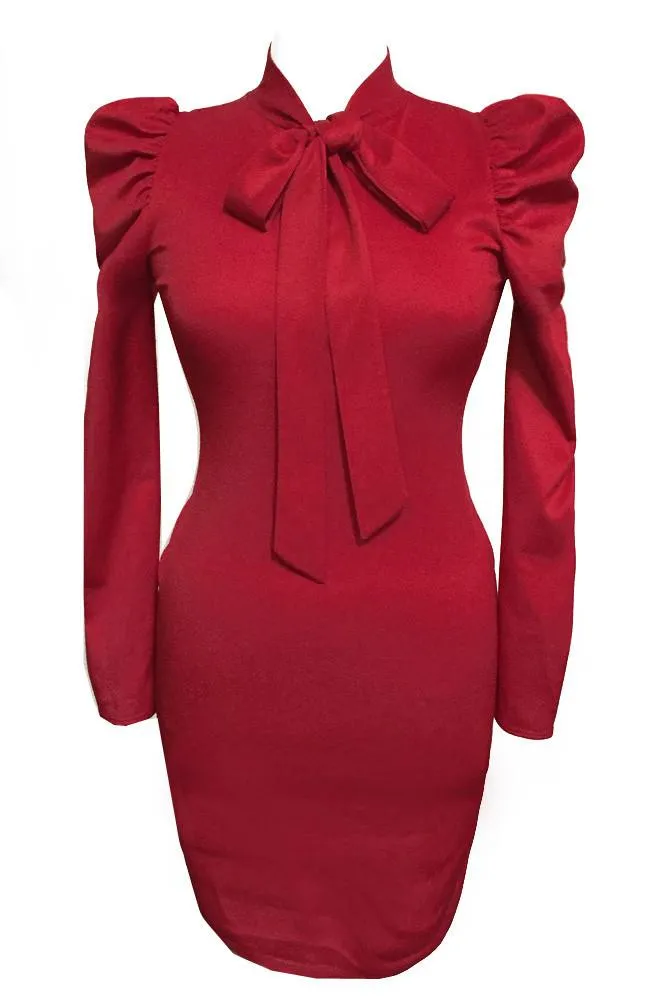 Plus Size Bow Ruffle Shoulder Long Sleeve Dress