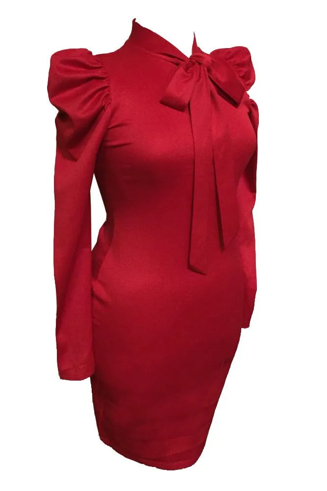 Plus Size Bow Ruffle Shoulder Long Sleeve Dress