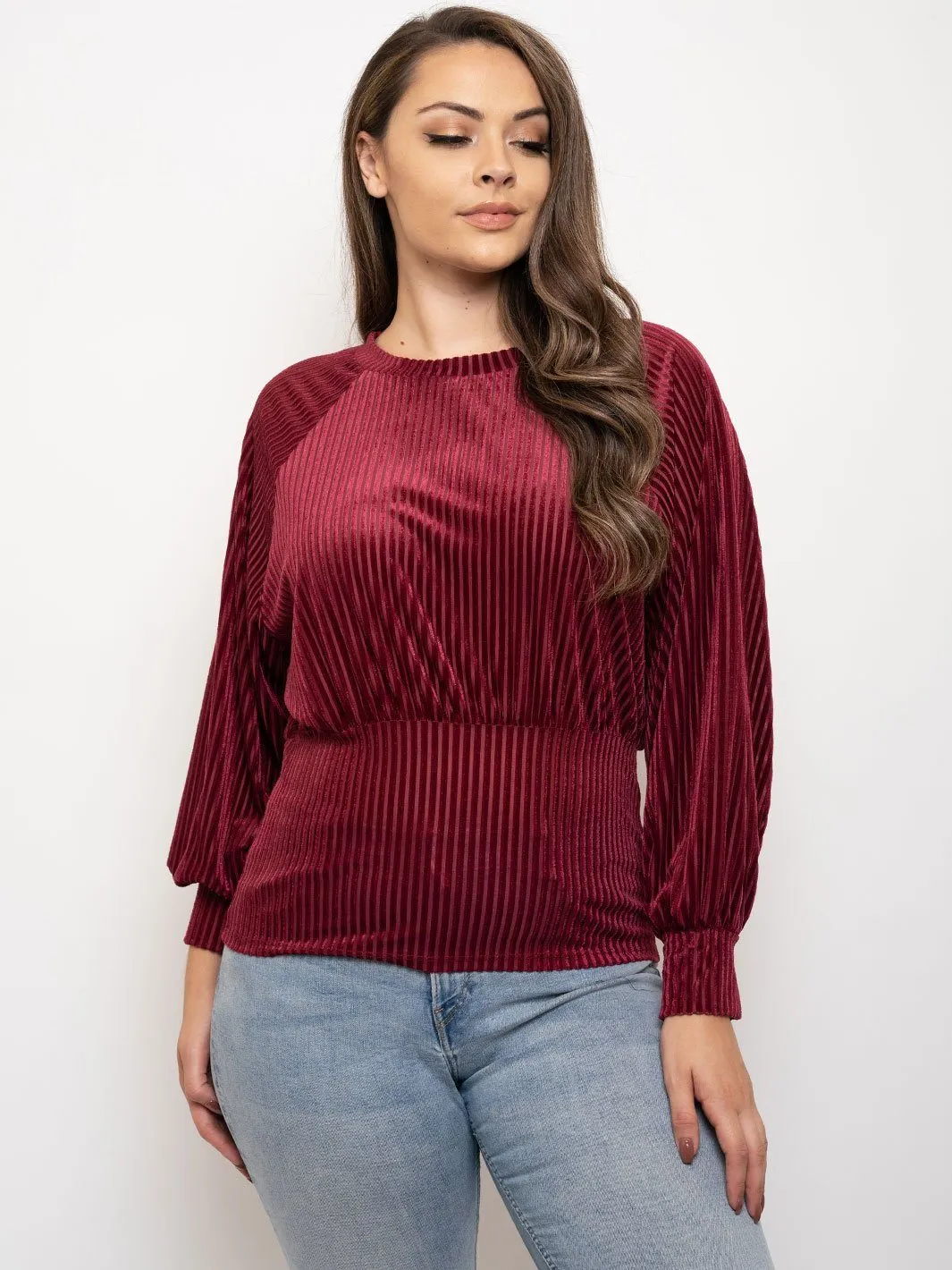 PLUS SIZE LONG PUFF SLEEVE VELVET TOP