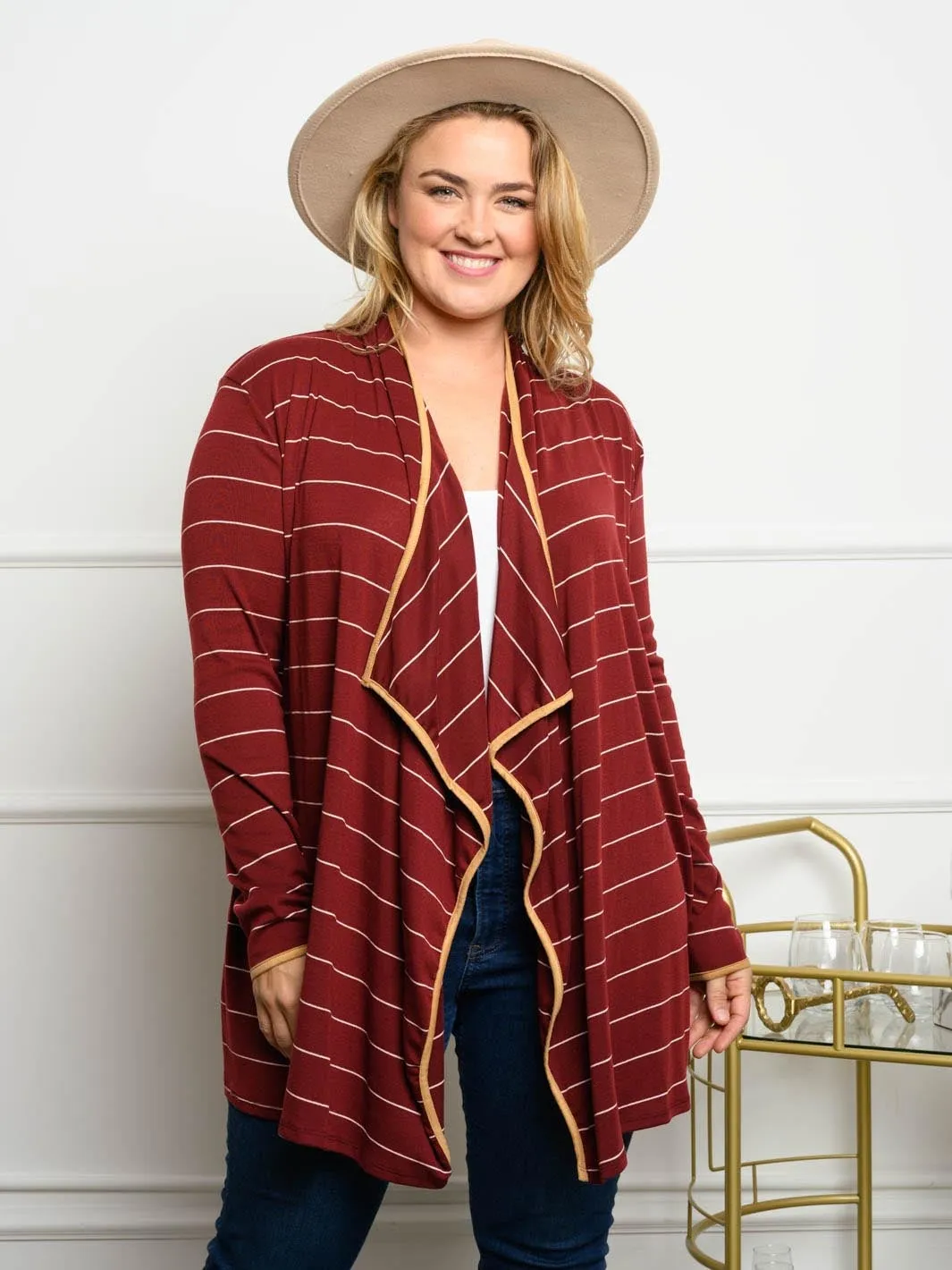 PLUS SIZE STRIPED LONG SLEEVE CARDIGAN