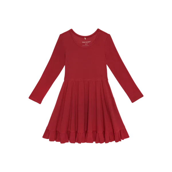 Posh Peanut Crimson Waffle Long Sleeve Ruffled Twirl Dress