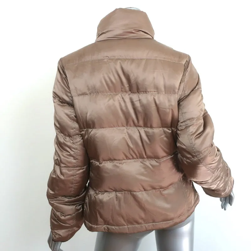 Prada Down Puffer Jacket Brown Leather-Trim Nylon Sateen Size 46