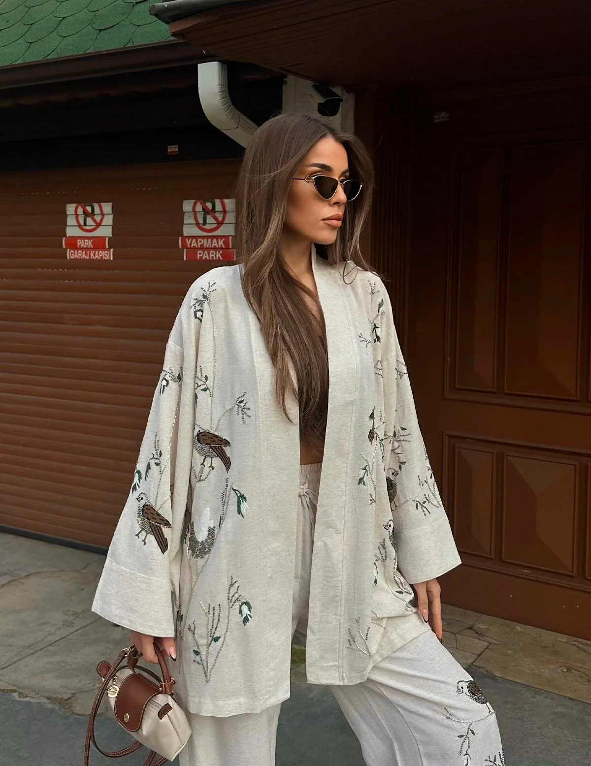 Premium Linen Embroidered Birds Beige Kimono