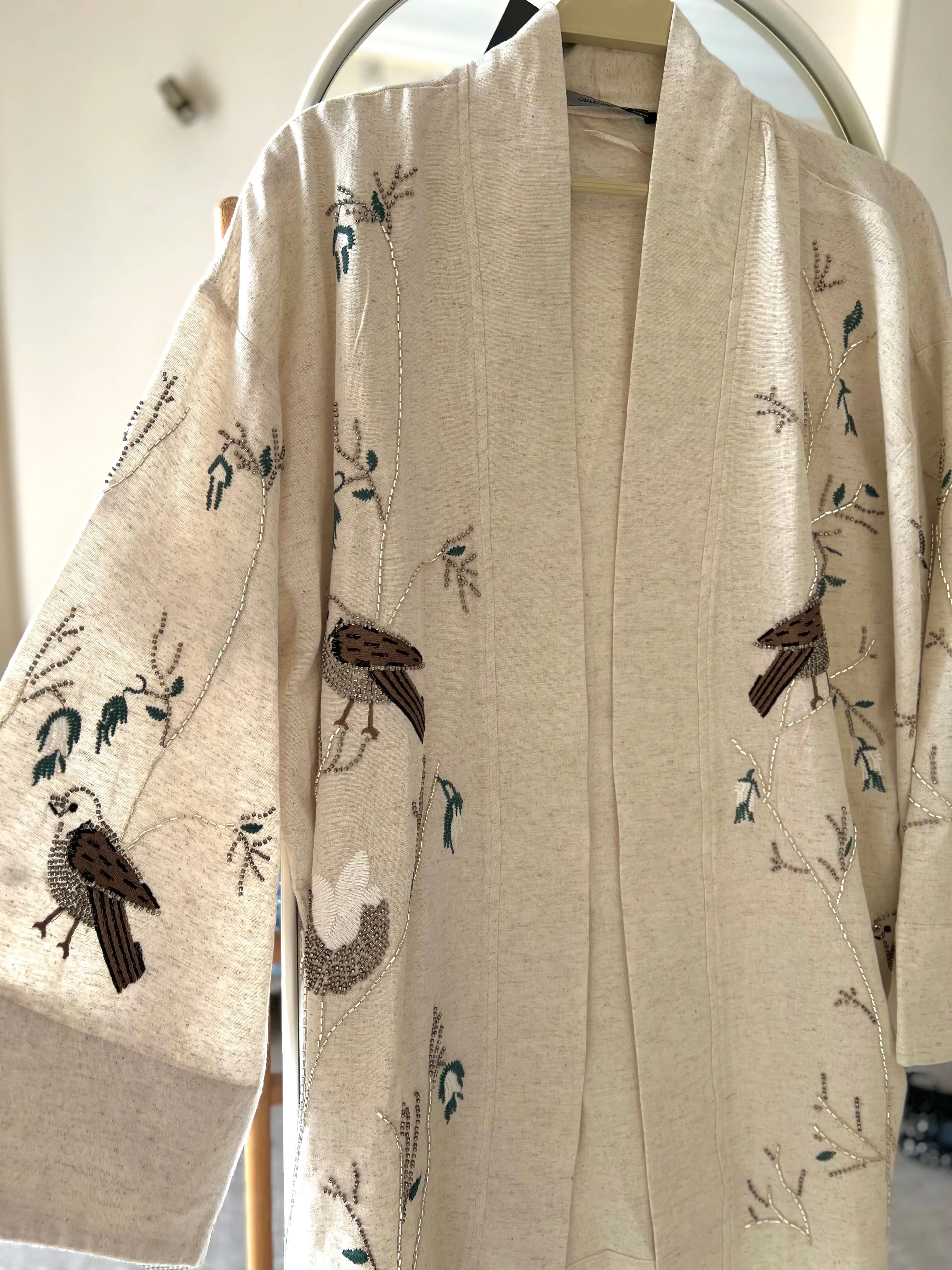 Premium Linen Embroidered Birds Beige Kimono