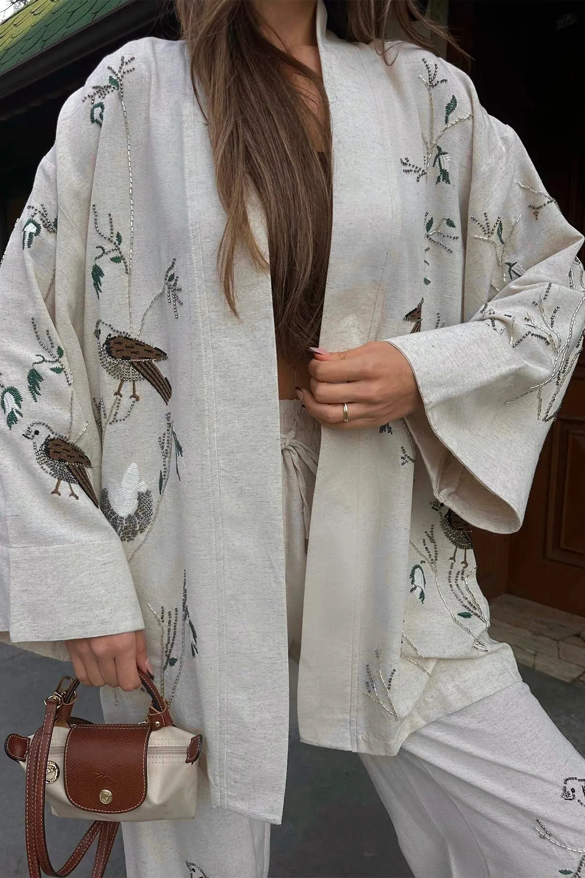 Premium Linen Embroidered Birds Beige Kimono