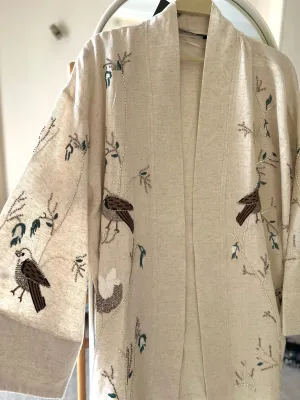 Premium Linen Embroidered Birds Beige Kimono
