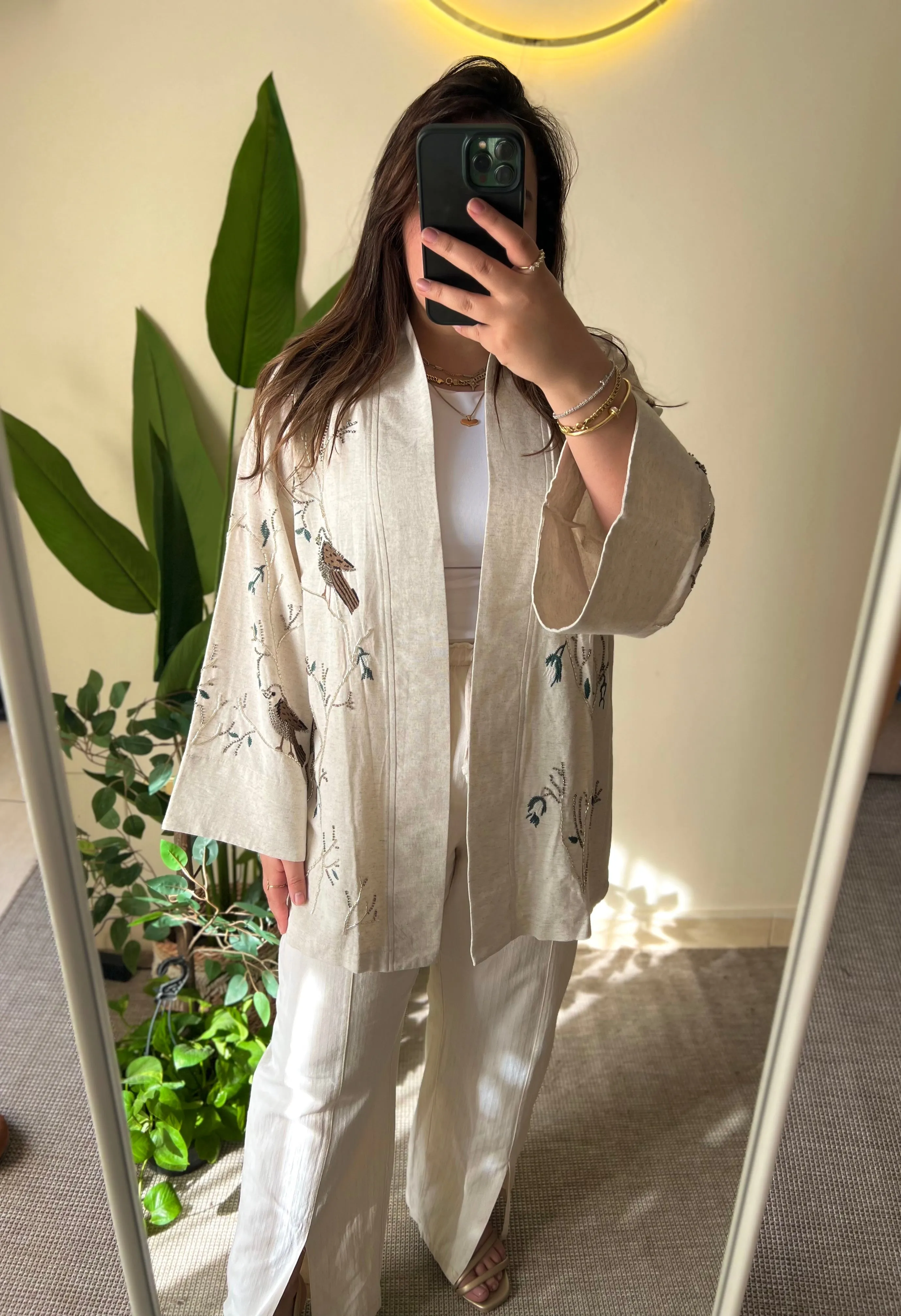 Premium Linen Embroidered Birds Beige Kimono