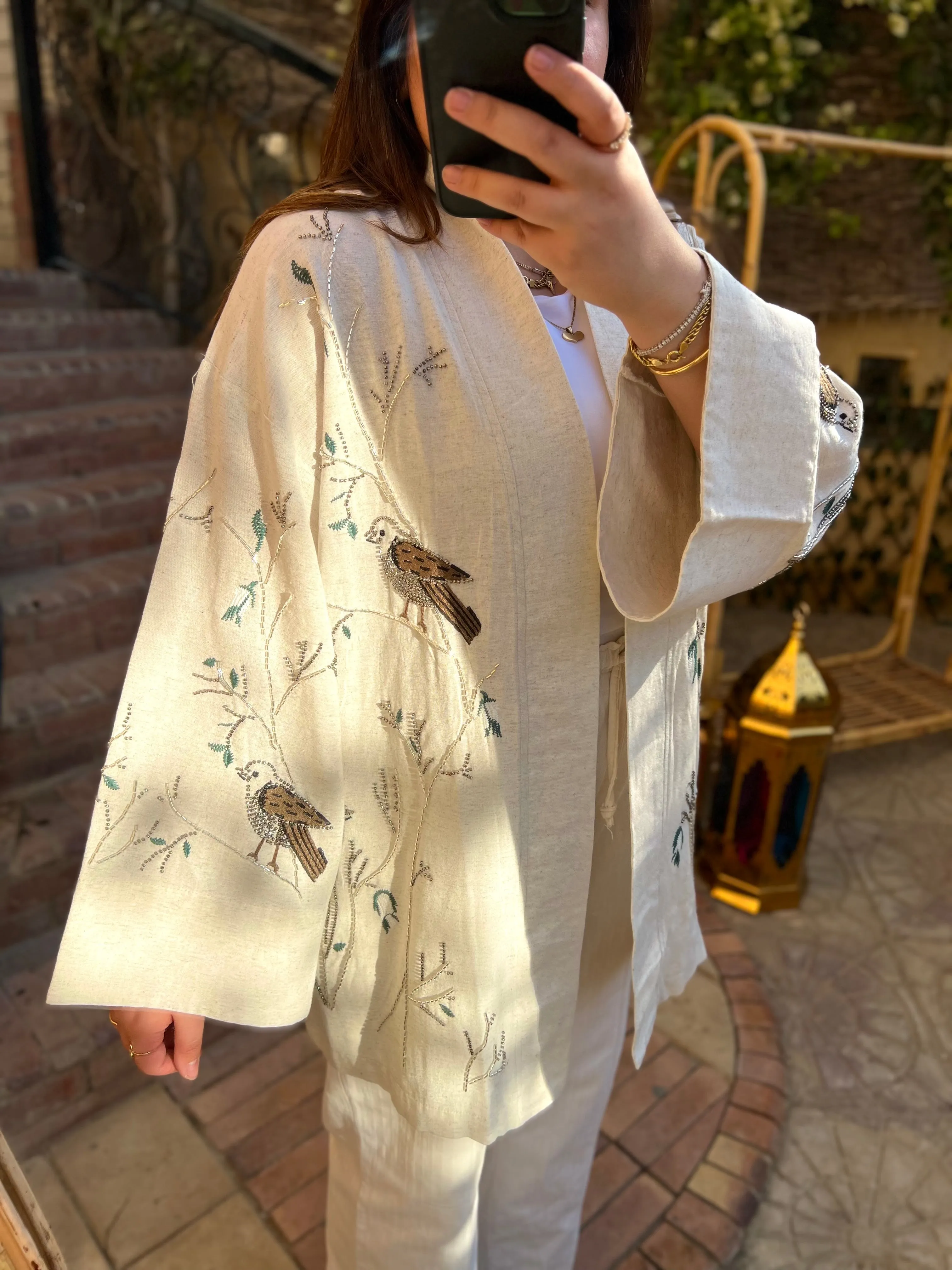 Premium Linen Embroidered Birds Beige Kimono