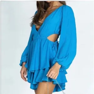 Princess Polly Blue Long Sleeve Romper W/ Cut-Out Sides &amp; Ruffled Hem Womens Siz
