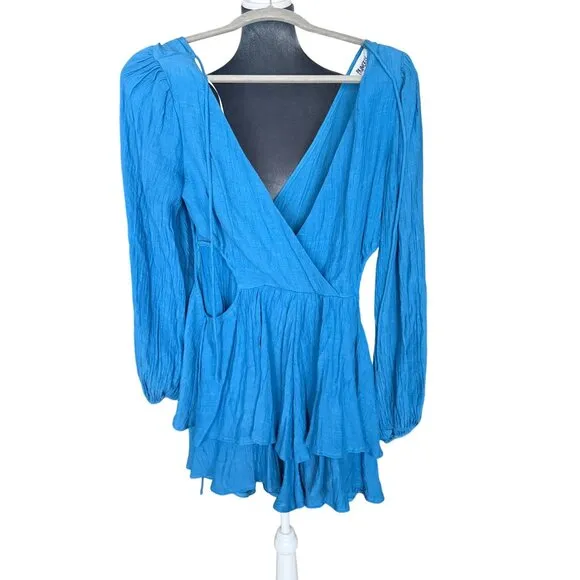 Princess Polly Blue Long Sleeve Romper W/ Cut-Out Sides &amp; Ruffled Hem Womens Siz