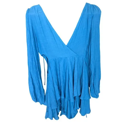 Princess Polly Blue Long Sleeve Romper W/ Cut-Out Sides &amp; Ruffled Hem Womens Siz