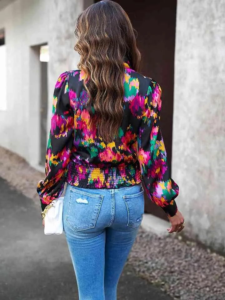 Printed Long Sleeve Wrap Look Blouse