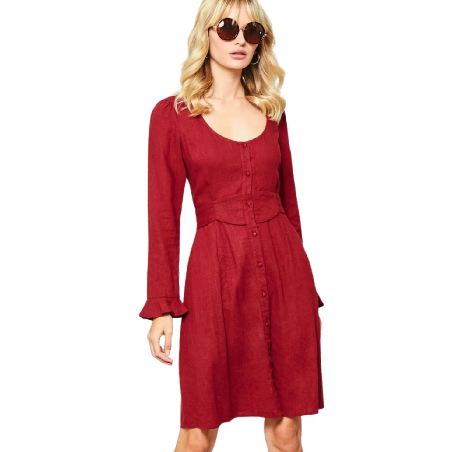 Promesa Burgundy Scoop Neck Puff-Sleeve Ruffled Mini Dress HDE8359-BURG