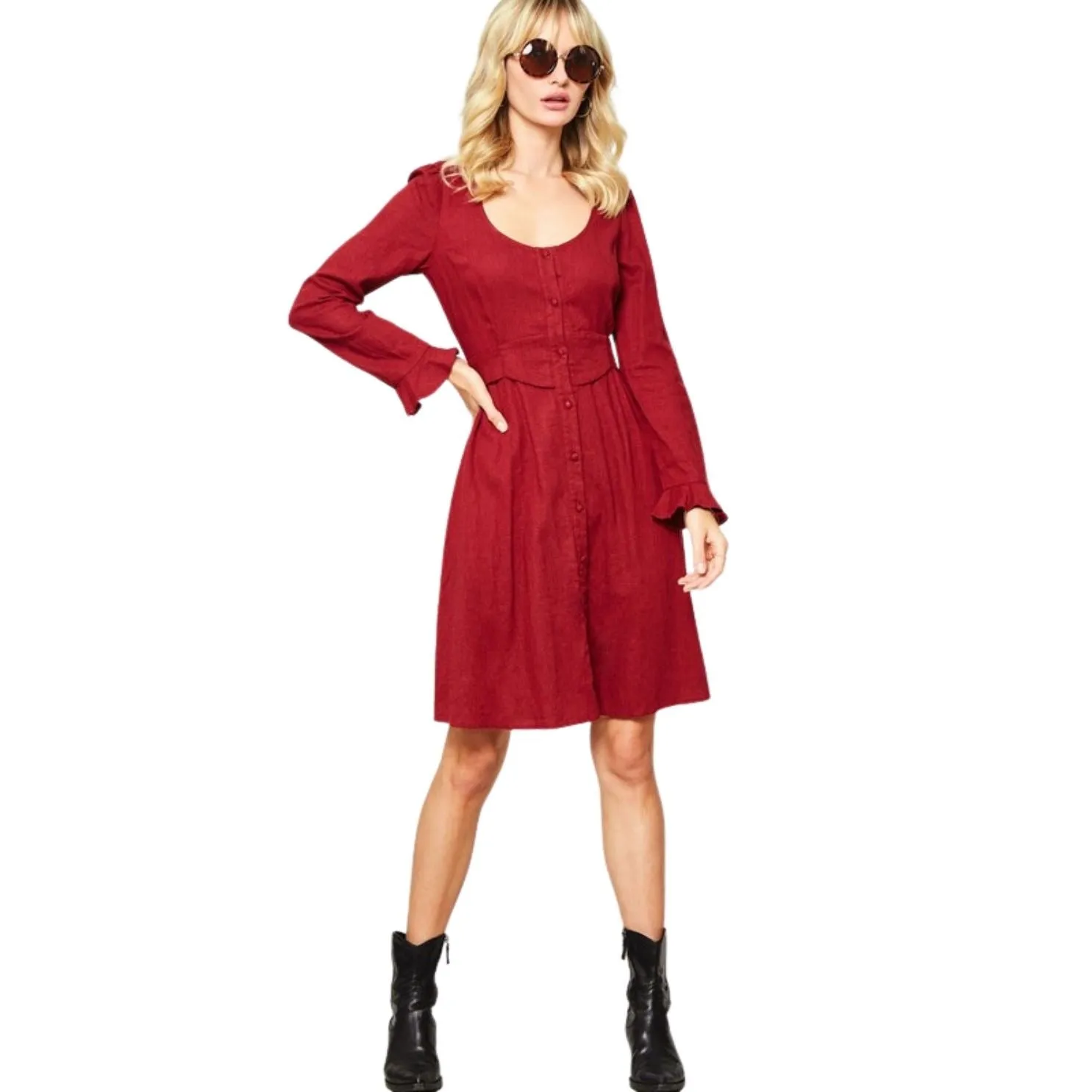 Promesa Burgundy Scoop Neck Puff-Sleeve Ruffled Mini Dress HDE8359-BURG