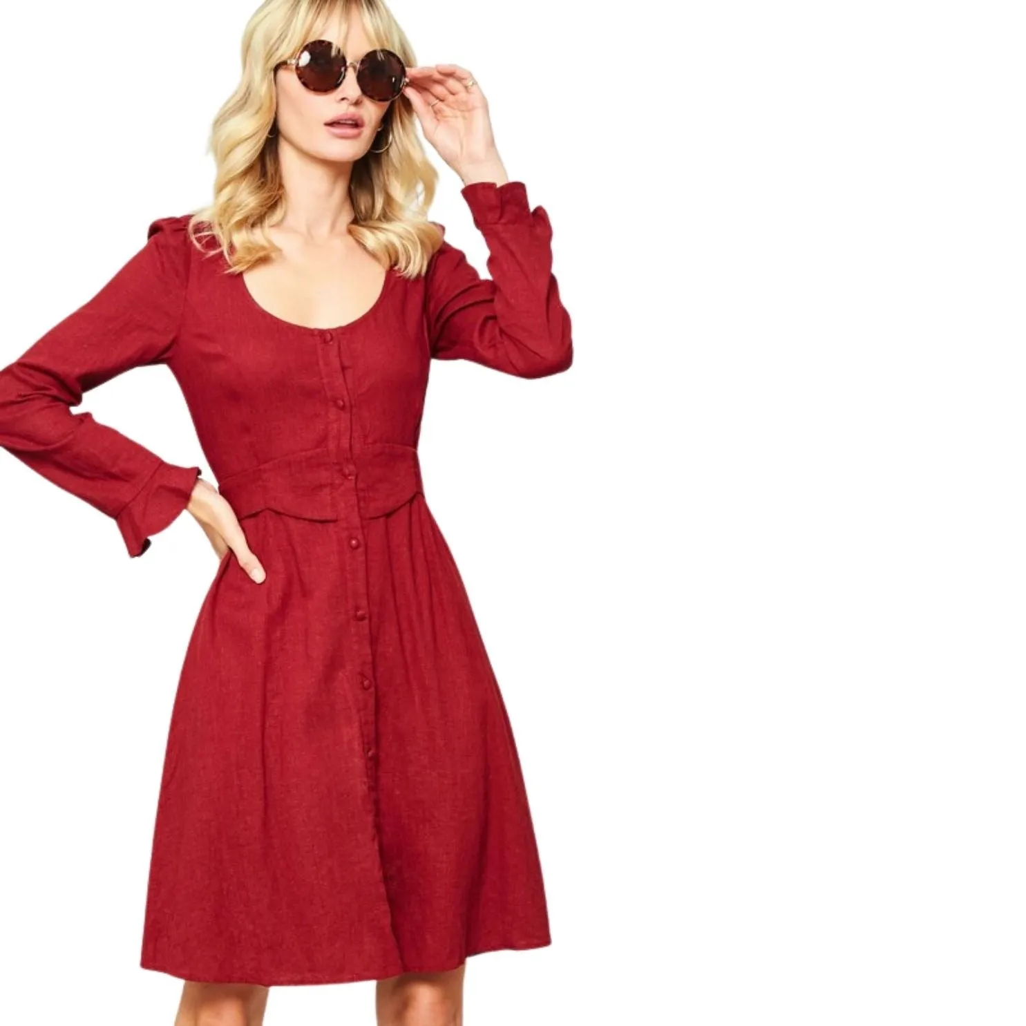 Promesa Burgundy Scoop Neck Puff-Sleeve Ruffled Mini Dress HDE8359-BURG