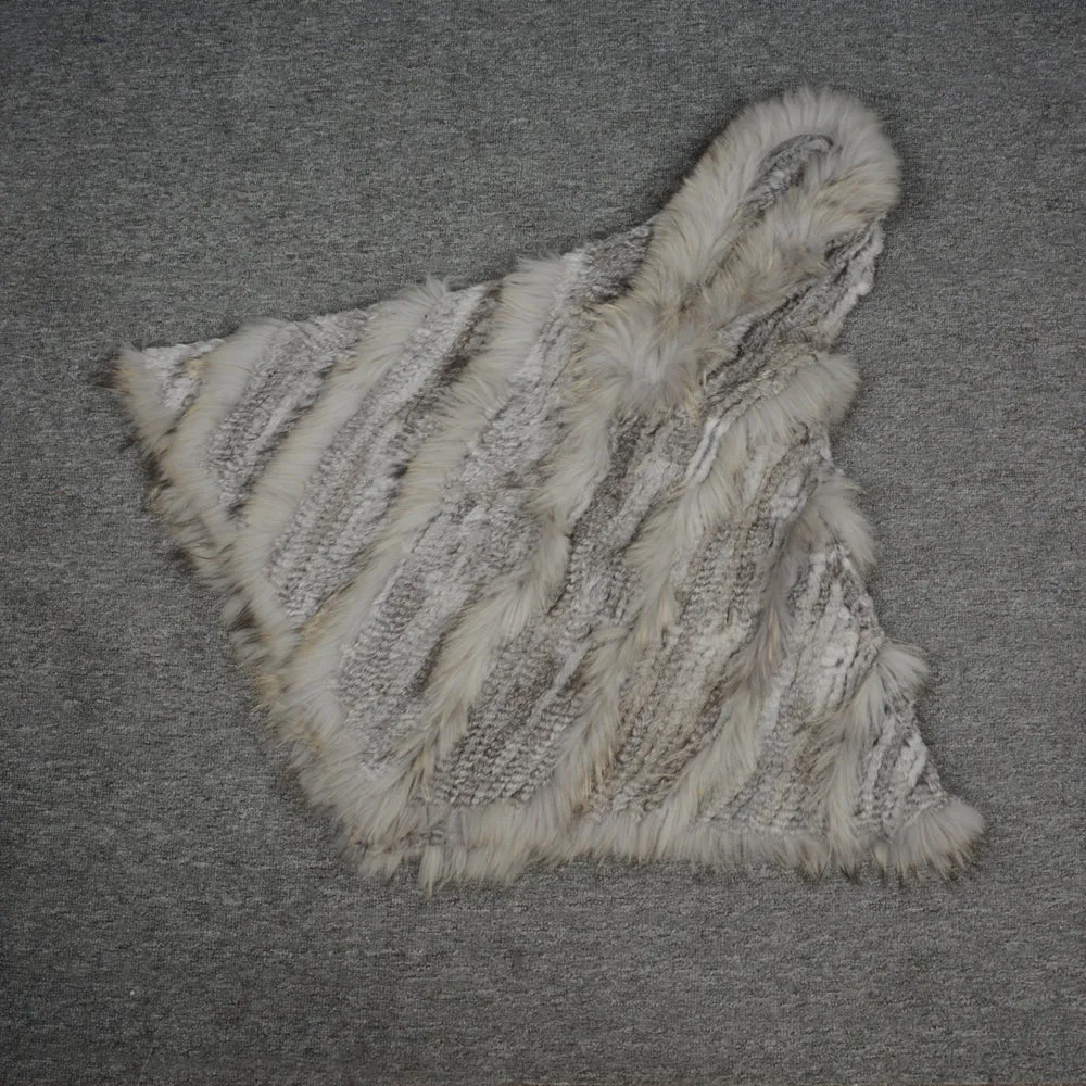 Real Rabbit & Raccoon Fur Knitted Poncho Women's Shawls Winter Cape Cap Natural Grey