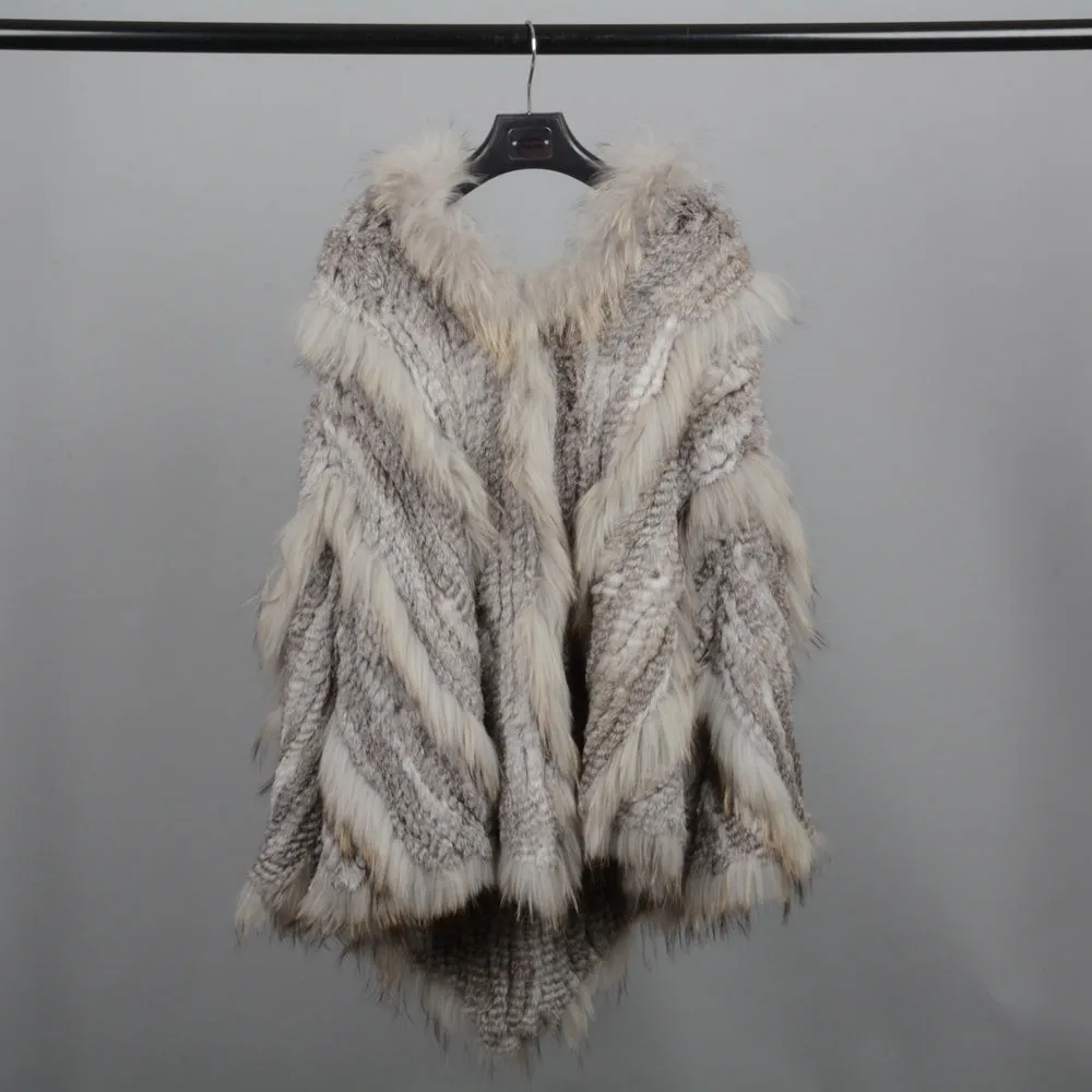 Real Rabbit & Raccoon Fur Knitted Poncho Women's Shawls Winter Cape Cap Natural Grey