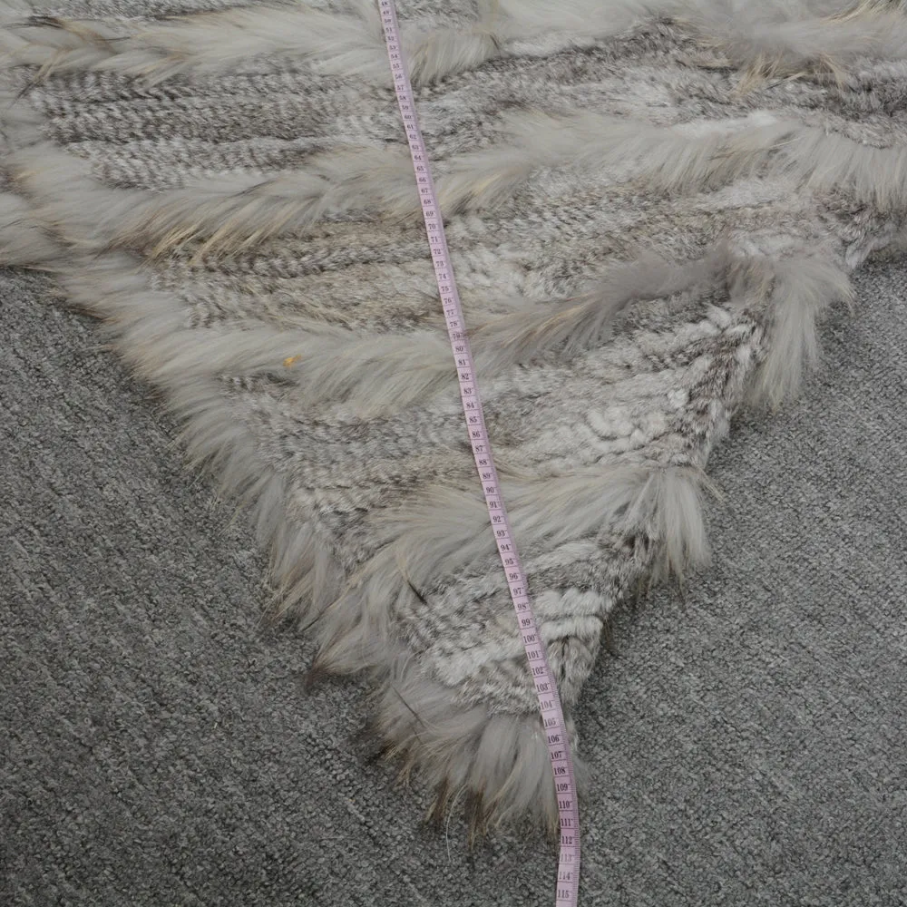 Real Rabbit & Raccoon Fur Knitted Poncho Women's Shawls Winter Cape Cap Natural Grey