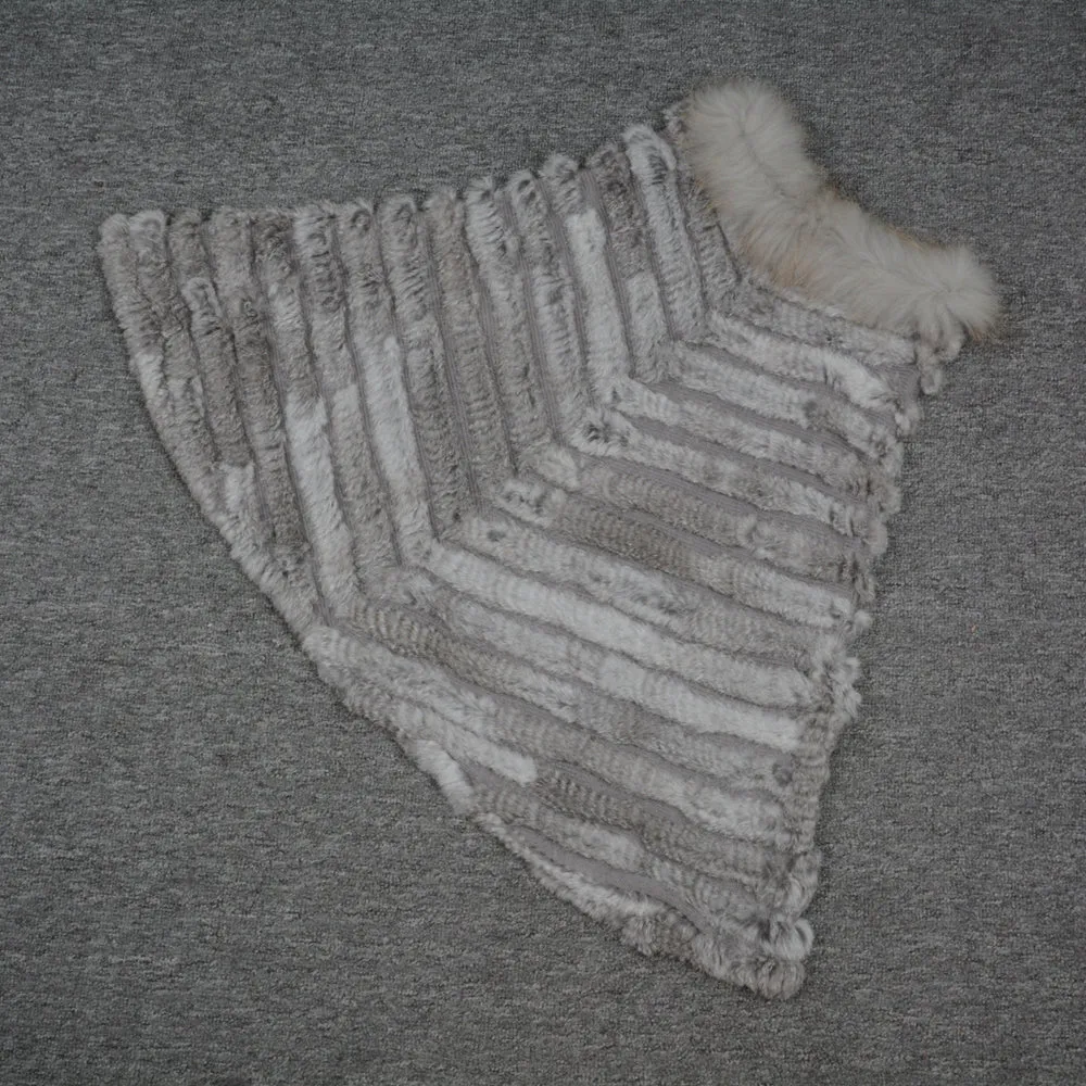 Real Rabbit Knitted Fur Poncho Winter Fashion Capes Female Party Shawl Natural Grey