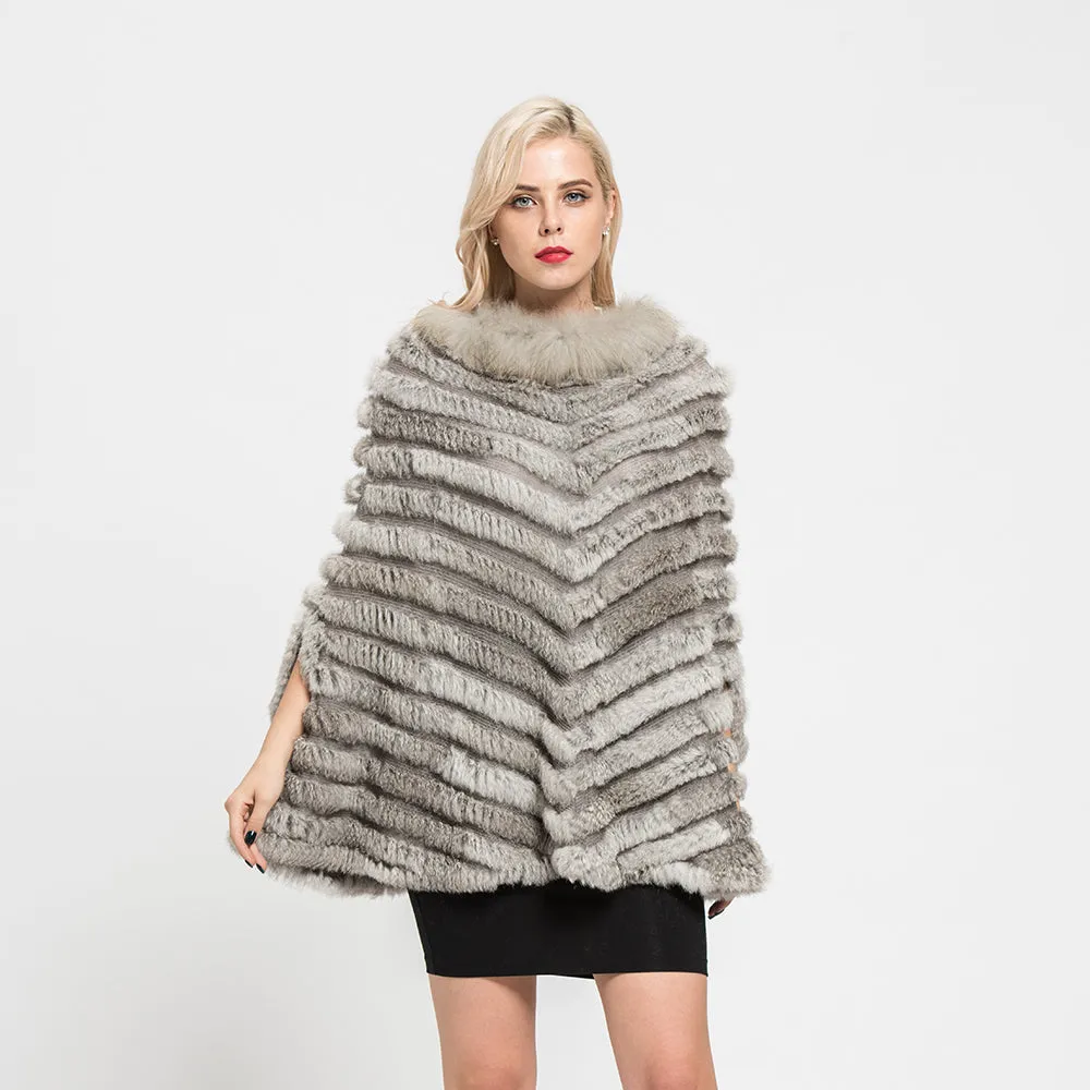 Real Rabbit Knitted Fur Poncho Winter Fashion Capes Female Party Shawl Natural Grey