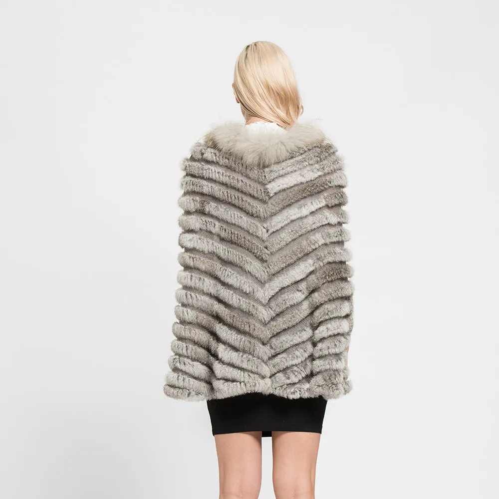 Real Rabbit Knitted Fur Poncho Winter Fashion Capes Female Party Shawl Natural Grey