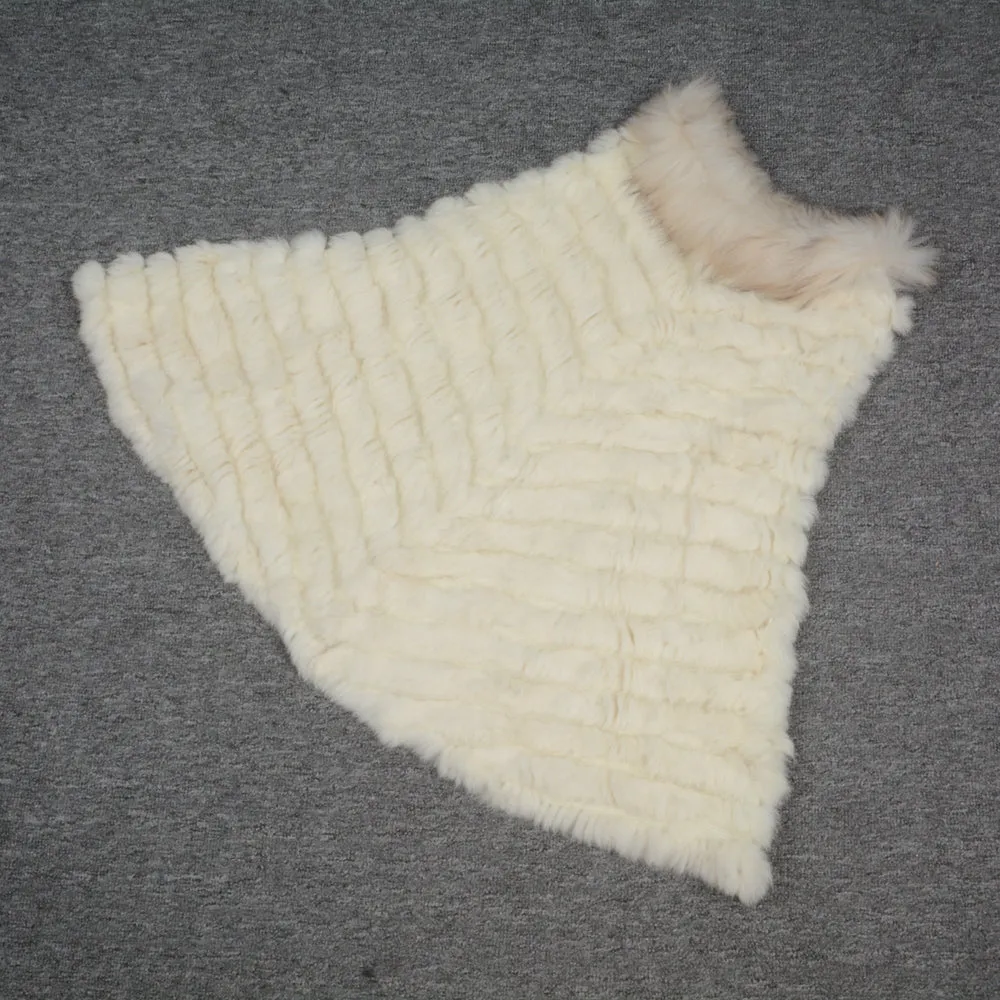 Real Rabbit Knitted Fur Poncho Winter Warm Cape Beige
