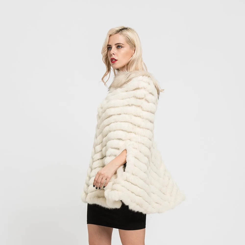 Real Rabbit Knitted Fur Poncho Winter Warm Cape Beige