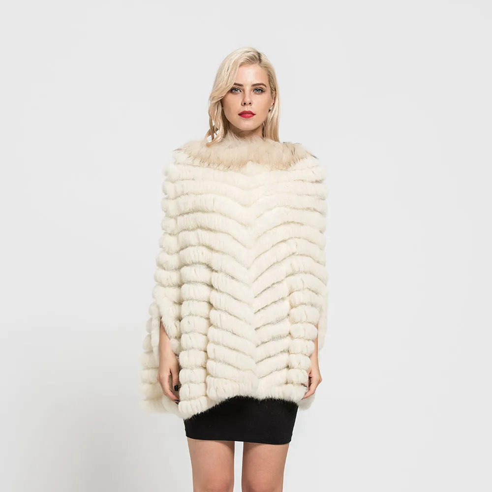 Real Rabbit Knitted Fur Poncho Winter Warm Cape Beige