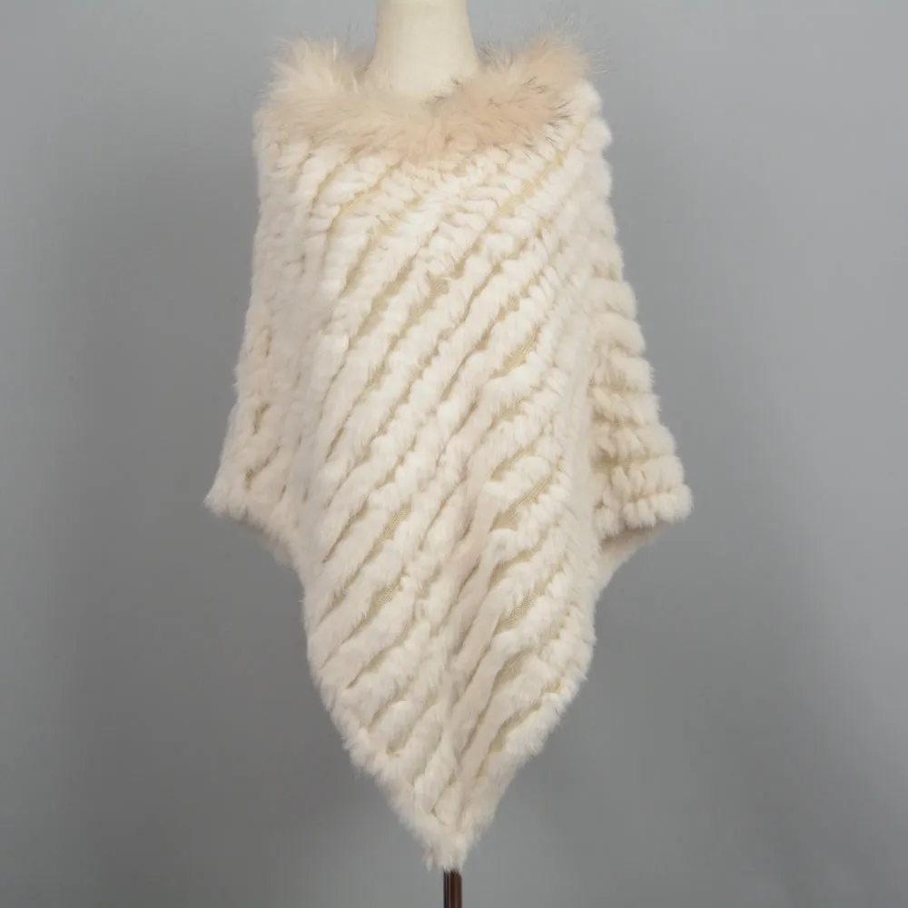 Real Rabbit Knitted Shawl Raccoon Fur Collar Large Women Beige Cape