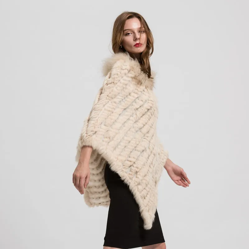 Real Rabbit Knitted Shawl Raccoon Fur Collar Large Women Beige Cape