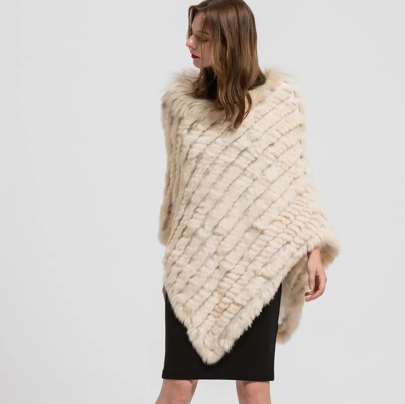 Real Rabbit Knitted Shawl Raccoon Fur Collar Large Women Beige Cape
