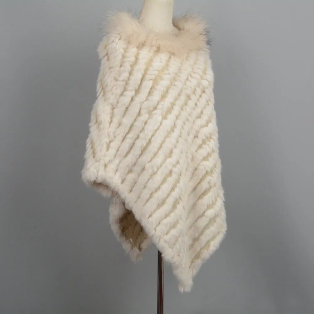 Real Rabbit Knitted Shawl Raccoon Fur Collar Large Women Beige Cape